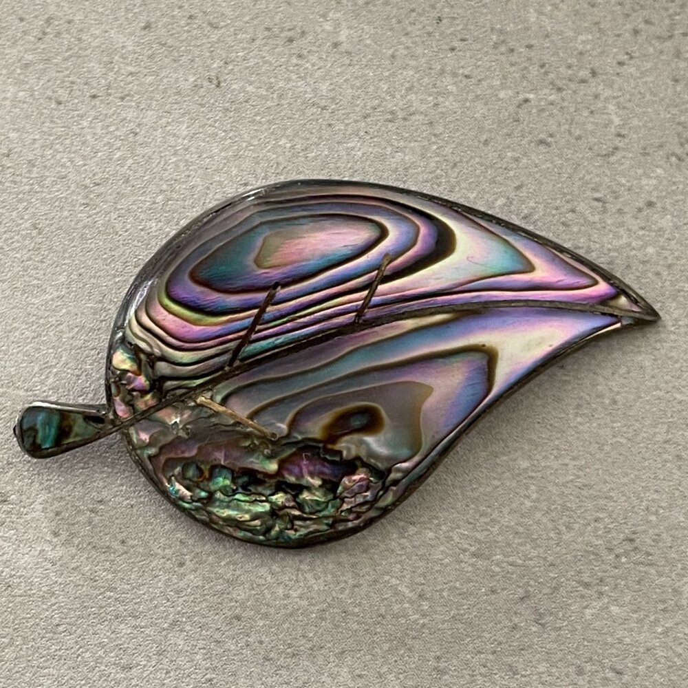 Vintage Abalone Inlay .925 Sterling Silver Leaf Brooch Pin Beto Taxco Mexico 2" - Picture 1 of 6